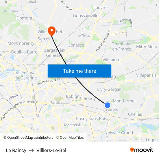 Le Raincy to Villiers-Le-Bel map