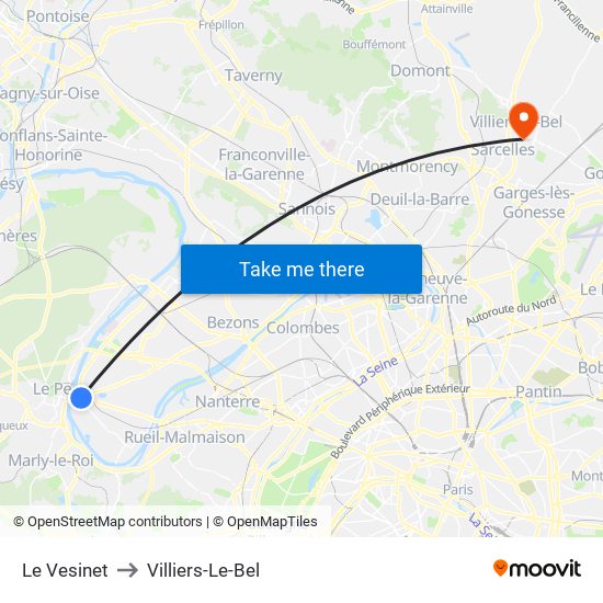 Le Vesinet to Villiers-Le-Bel map