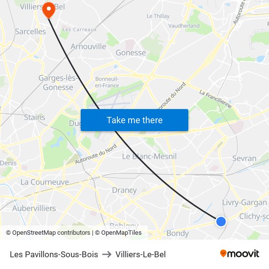 Les Pavillons-Sous-Bois to Villiers-Le-Bel map