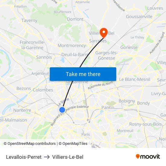 Levallois-Perret to Villiers-Le-Bel map