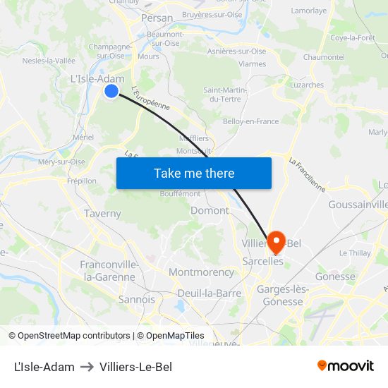 L'Isle-Adam to Villiers-Le-Bel map