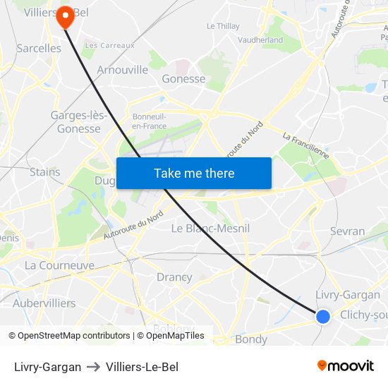 Livry-Gargan to Villiers-Le-Bel map