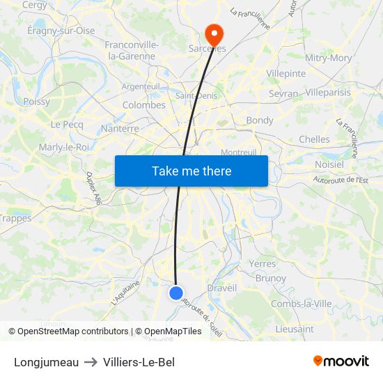 Longjumeau to Villiers-Le-Bel map