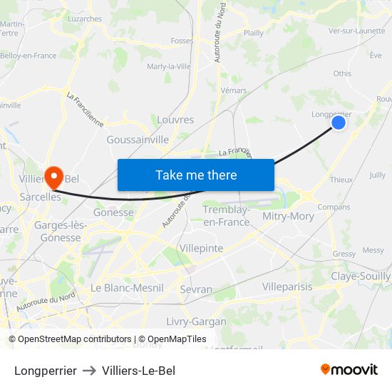 Longperrier to Villiers-Le-Bel map
