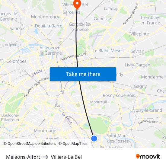 Maisons-Alfort to Villiers-Le-Bel map