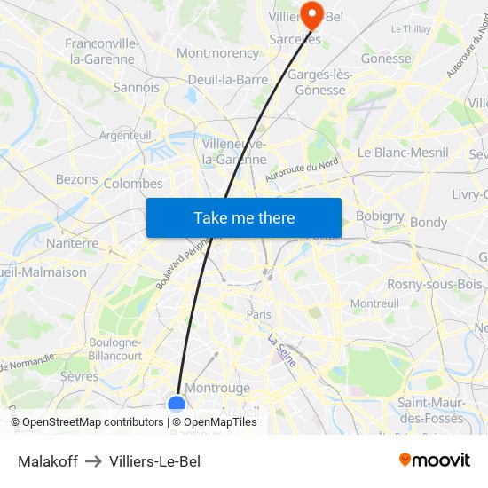 Malakoff to Villiers-Le-Bel map