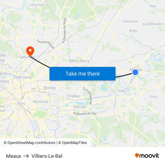 Meaux to Villiers-Le-Bel map