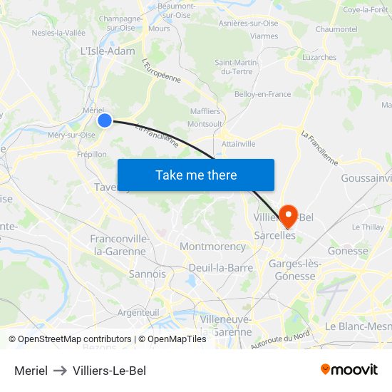 Meriel to Villiers-Le-Bel map
