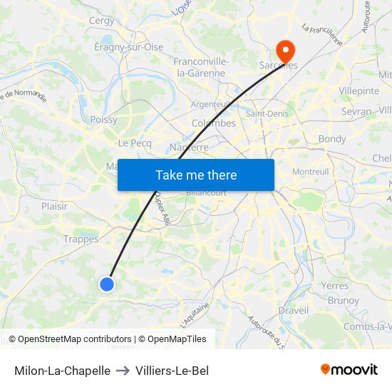 Milon-La-Chapelle to Villiers-Le-Bel map