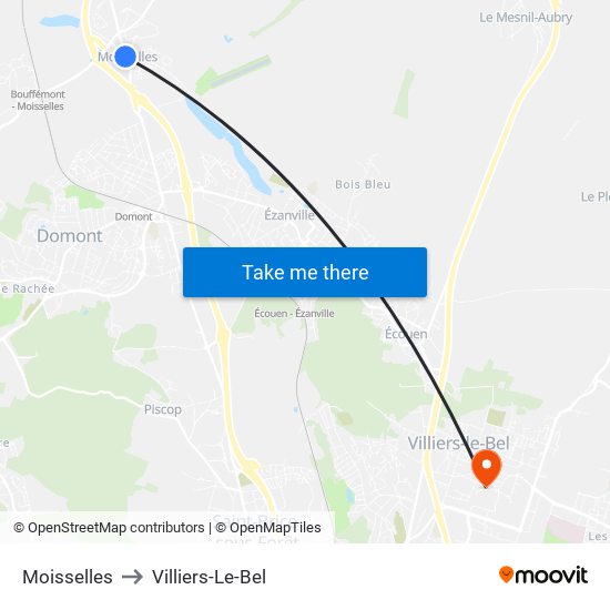 Moisselles to Villiers-Le-Bel map