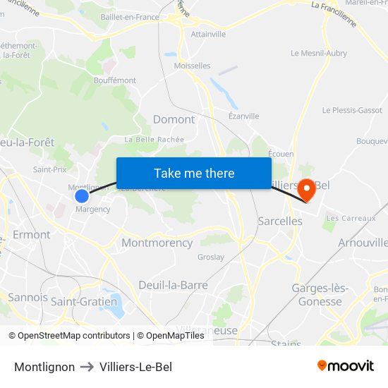 Montlignon to Villiers-Le-Bel map
