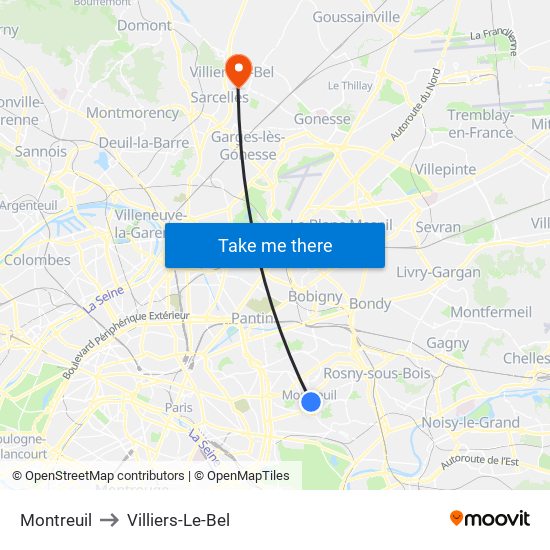 Montreuil to Villiers-Le-Bel map
