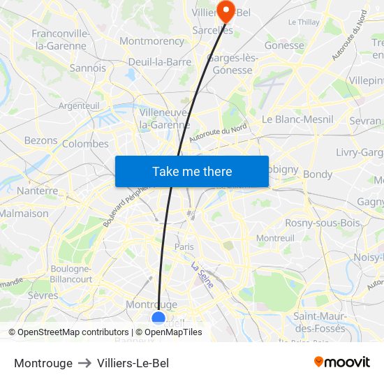 Montrouge to Villiers-Le-Bel map