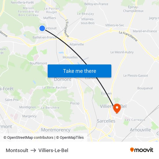 Montsoult to Villiers-Le-Bel map