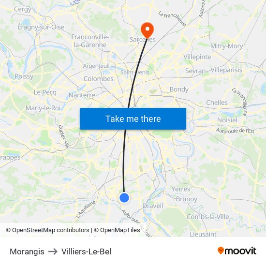 Morangis to Villiers-Le-Bel map