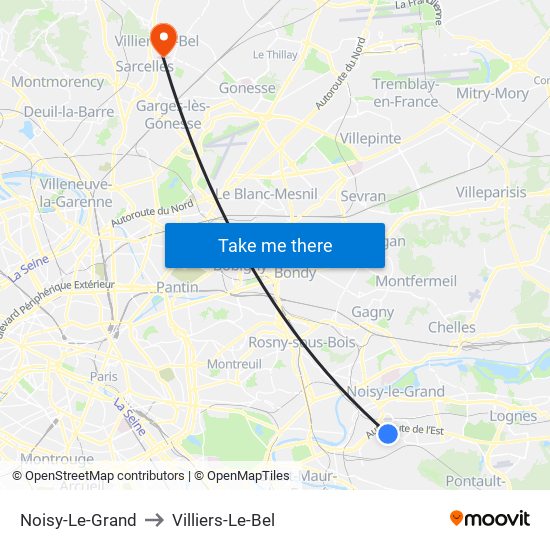 Noisy-Le-Grand to Villiers-Le-Bel map