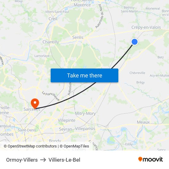 Ormoy-Villers to Villiers-Le-Bel map