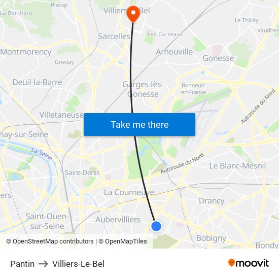 Pantin to Villiers-Le-Bel map