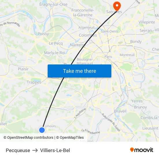 Pecqueuse to Villiers-Le-Bel map