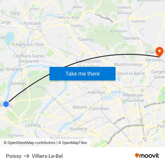 Poissy to Villiers-Le-Bel map