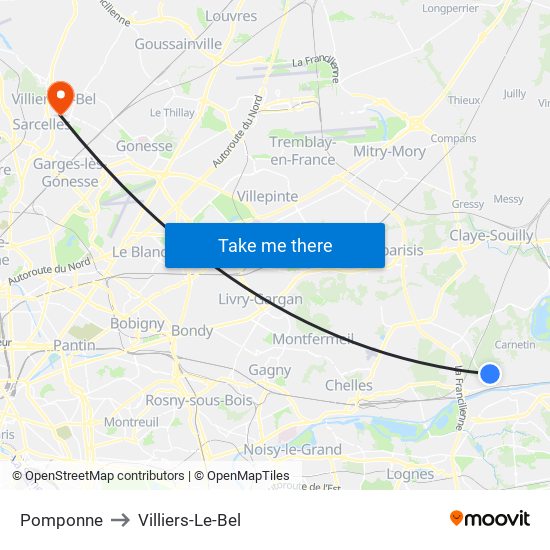 Pomponne to Villiers-Le-Bel map