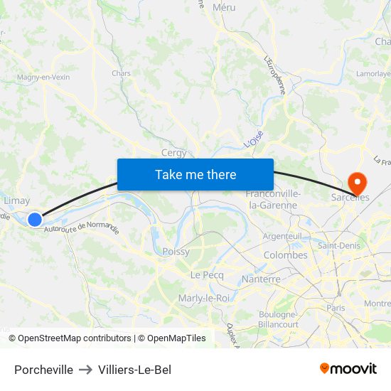Porcheville to Villiers-Le-Bel map