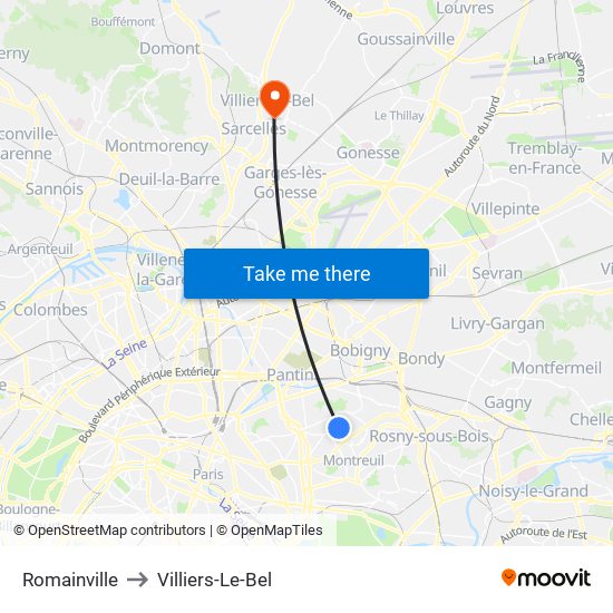 Romainville to Villiers-Le-Bel map