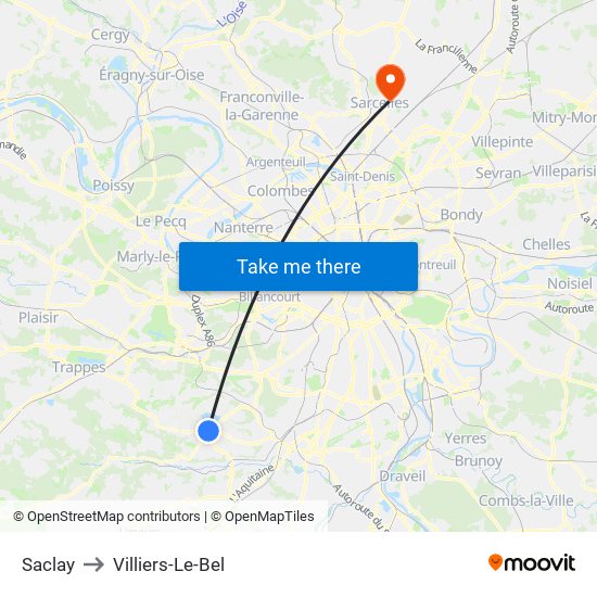 Saclay to Villiers-Le-Bel map