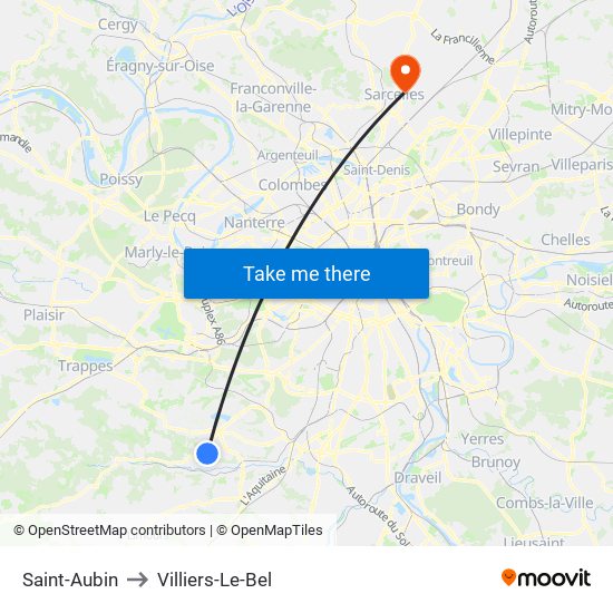 Saint-Aubin to Villiers-Le-Bel map