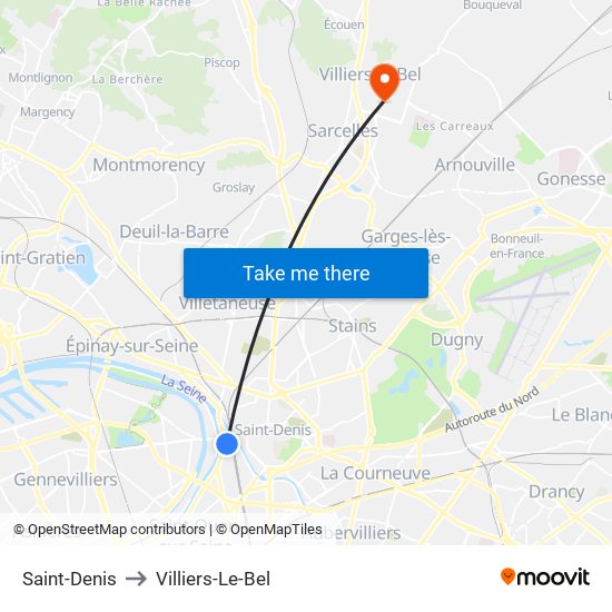 Saint-Denis to Villiers-Le-Bel map