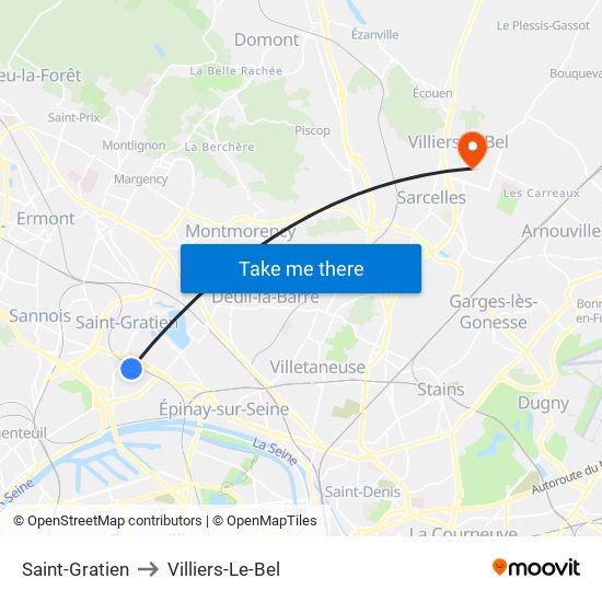 Saint-Gratien to Villiers-Le-Bel map