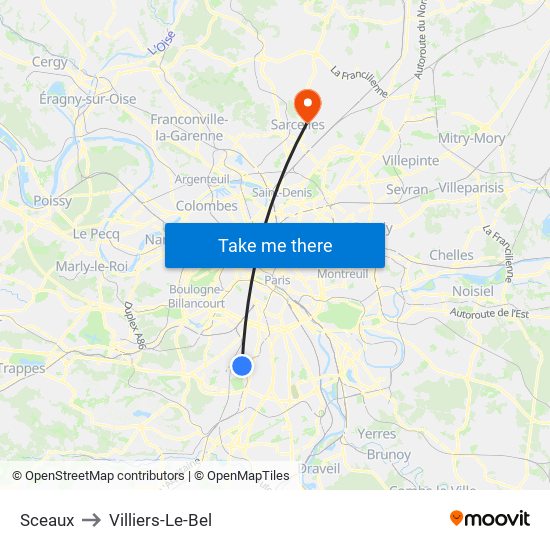 Sceaux to Villiers-Le-Bel map