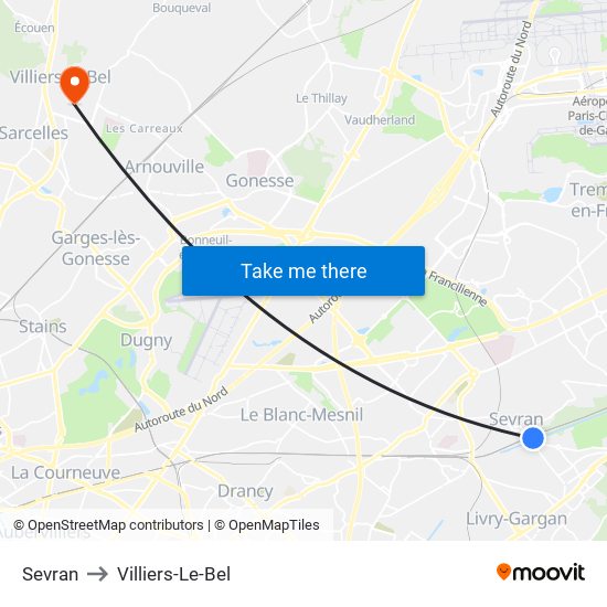 Sevran to Villiers-Le-Bel map