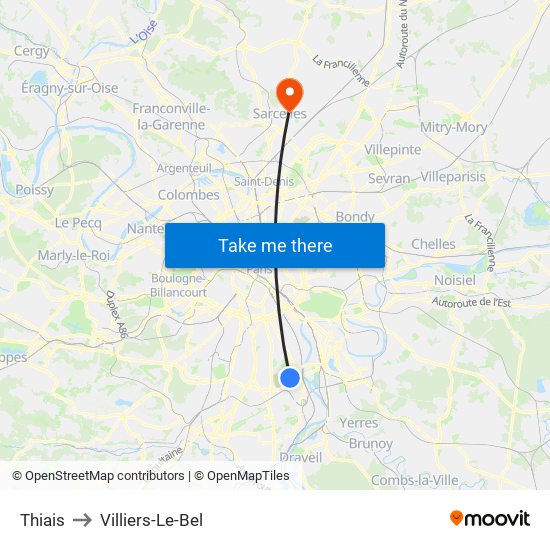 Thiais to Villiers-Le-Bel map