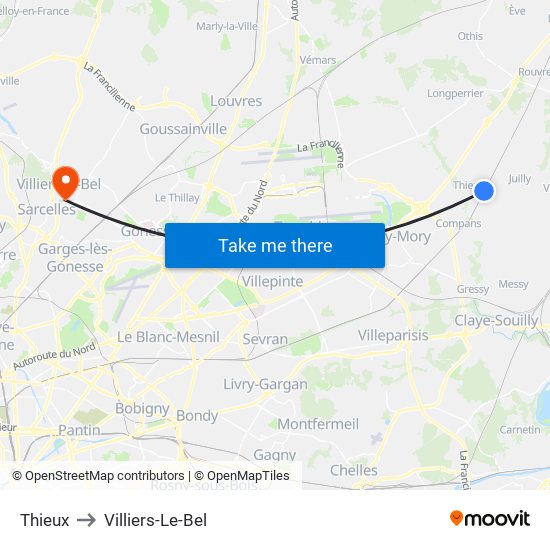 Thieux to Villiers-Le-Bel map