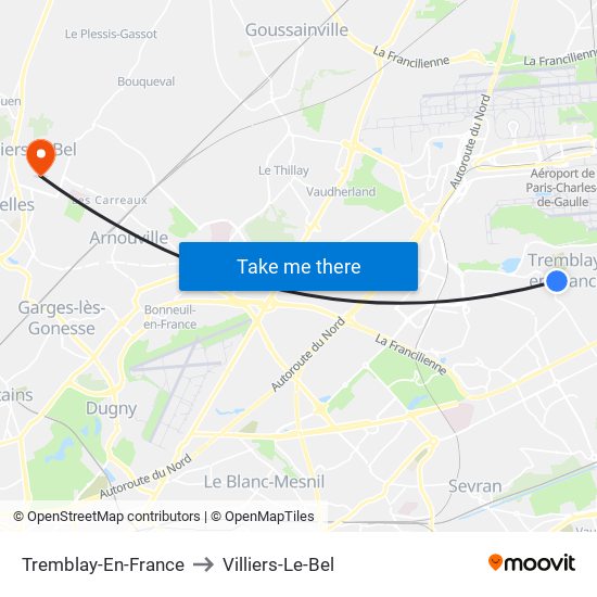 Tremblay-En-France to Villiers-Le-Bel map