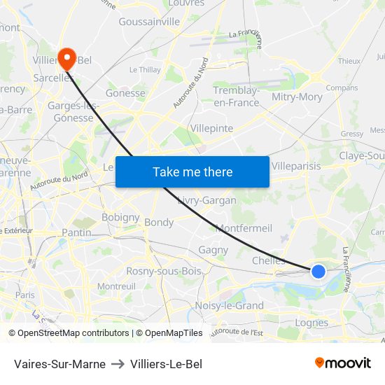 Vaires-Sur-Marne to Villiers-Le-Bel map