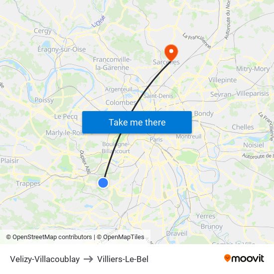 Velizy-Villacoublay to Villiers-Le-Bel map