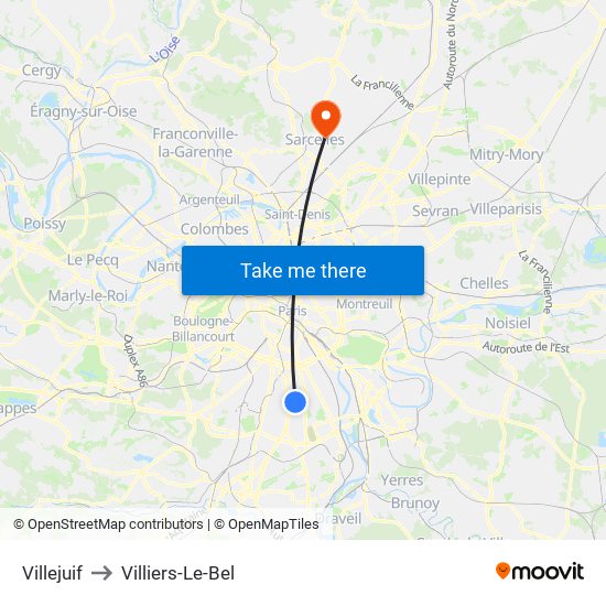 Villejuif to Villiers-Le-Bel map