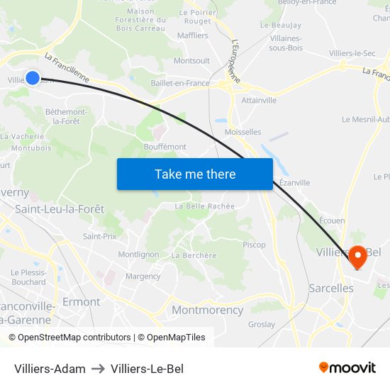 Villiers-Adam to Villiers-Le-Bel map