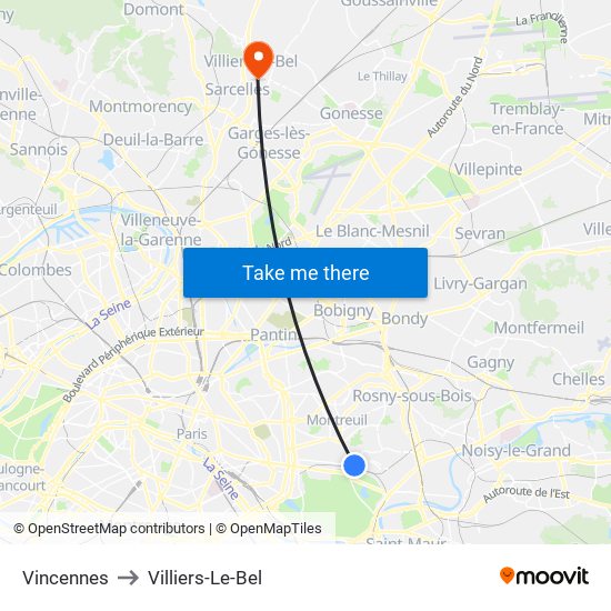 Vincennes to Villiers-Le-Bel map