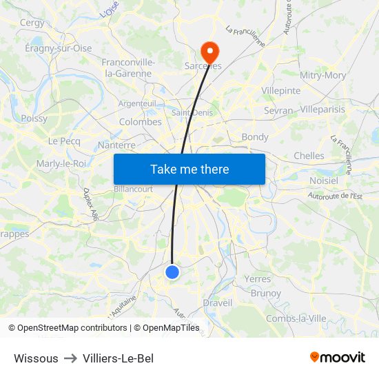 Wissous to Villiers-Le-Bel map