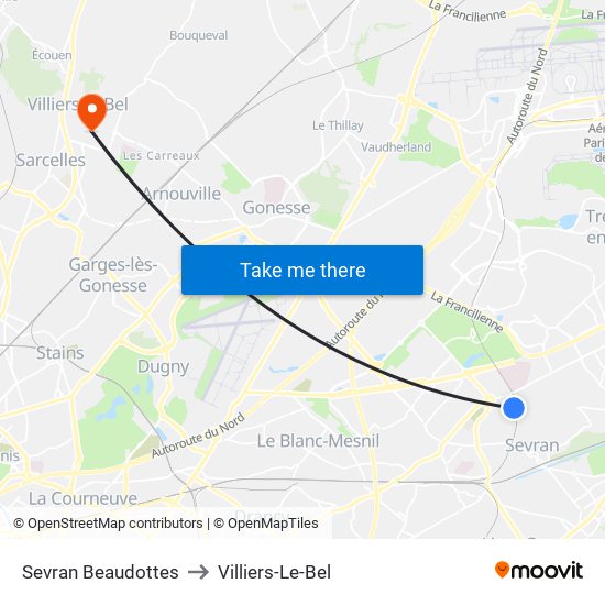 Sevran Beaudottes to Villiers-Le-Bel map