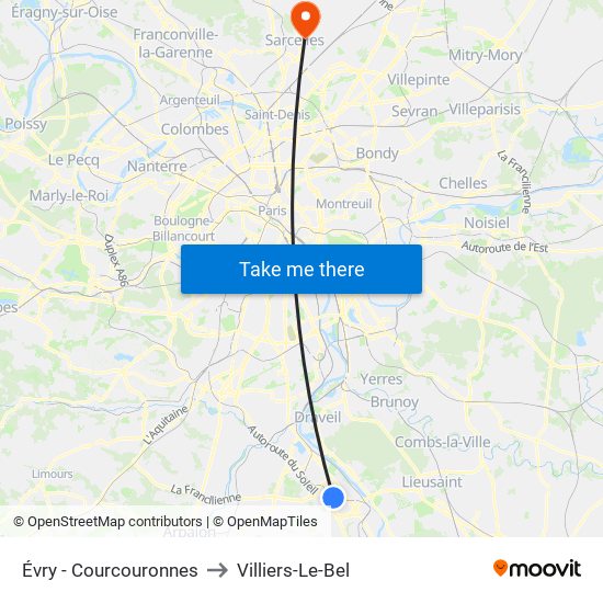 Évry - Courcouronnes to Villiers-Le-Bel map
