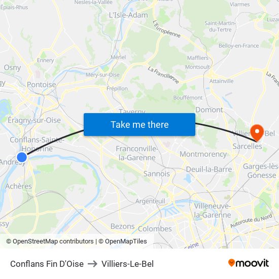 Conflans Fin D'Oise to Villiers-Le-Bel map
