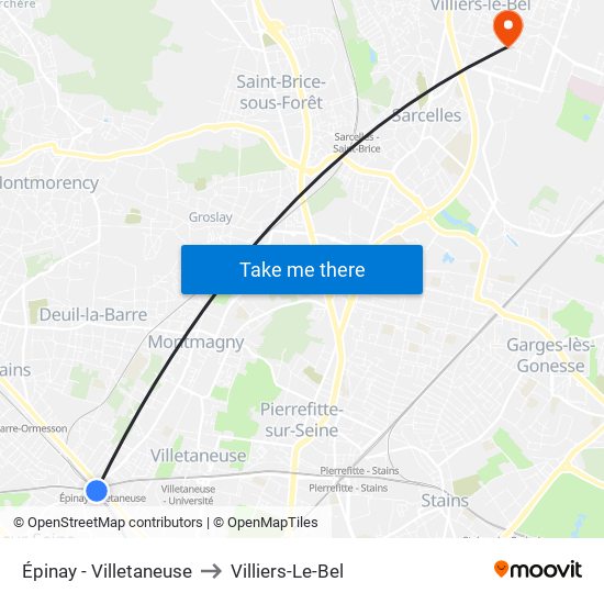 Épinay - Villetaneuse to Villiers-Le-Bel map