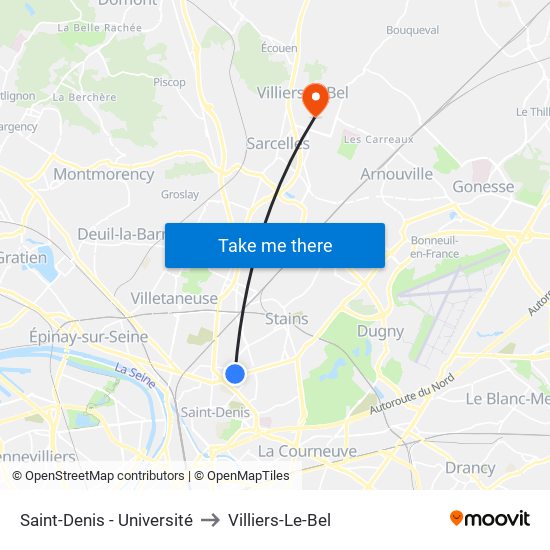Saint-Denis - Université to Villiers-Le-Bel map