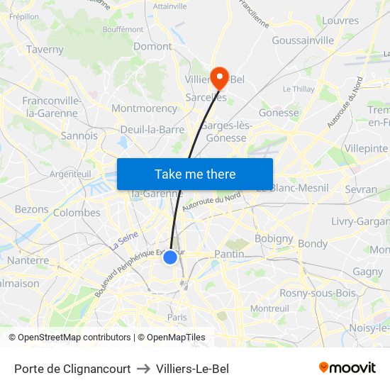 Porte de Clignancourt to Villiers-Le-Bel map