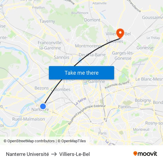 Nanterre Université to Villiers-Le-Bel map