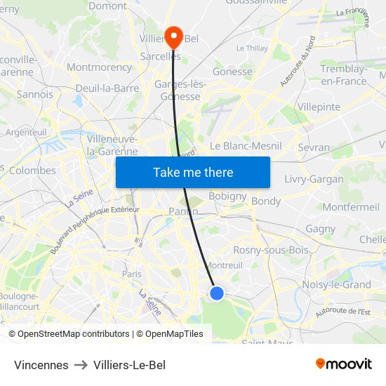 Vincennes to Villiers-Le-Bel map